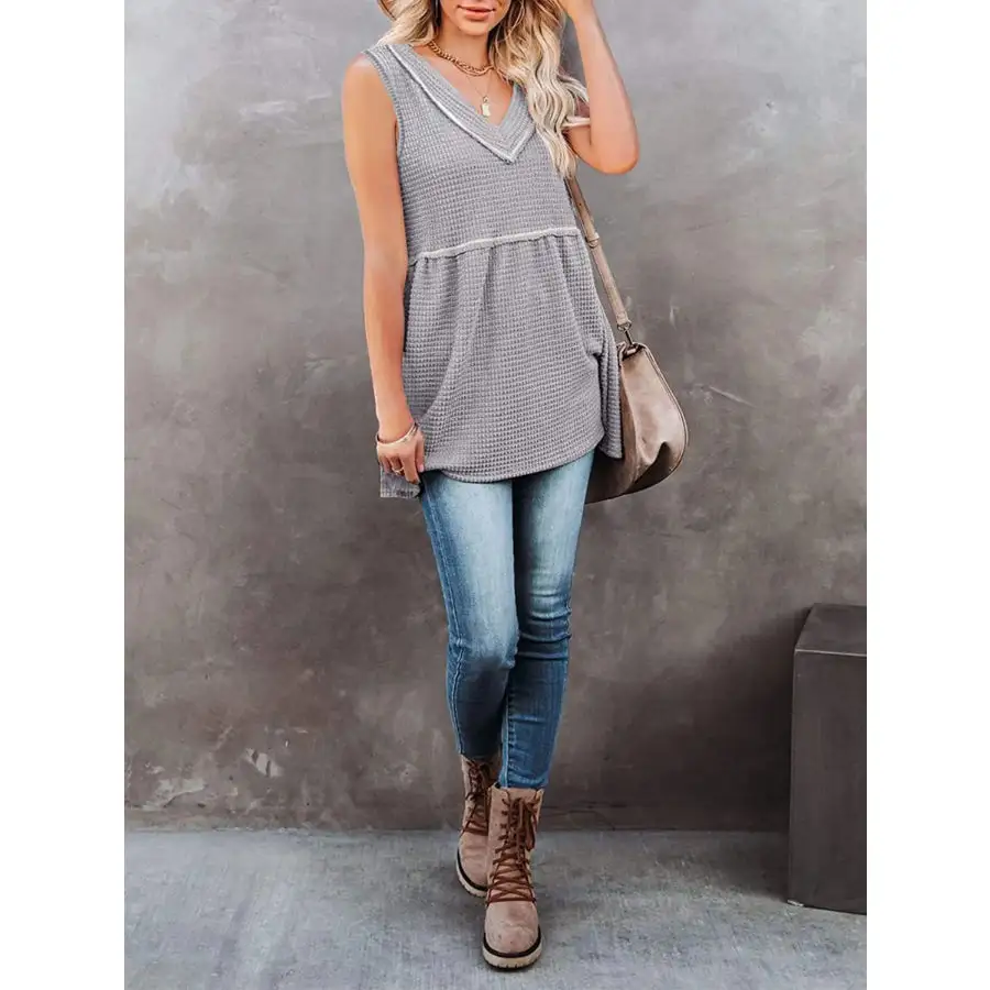 V Neck Waffle Knit Tank Top With