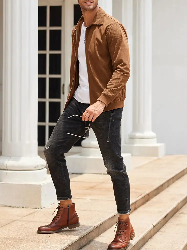 Casual Zip Up Corduroy Bomber Jacket