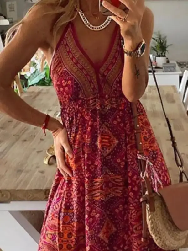 Easy Fit Printed V Neck Maxi Dress