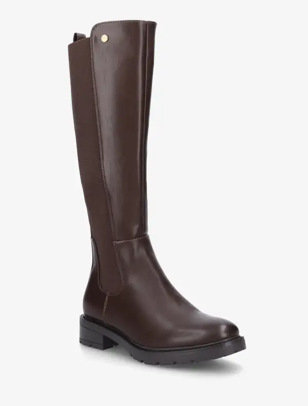 Everyday Stretch Panel Lug Sole Block Heel Faux Leather Knee High Boots