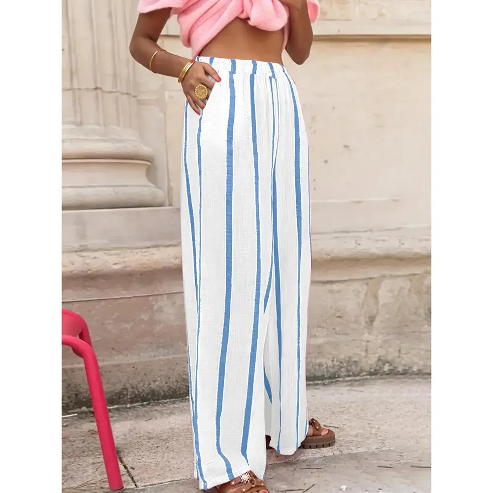 Women's Linen Striped Print Wide Leg Pants