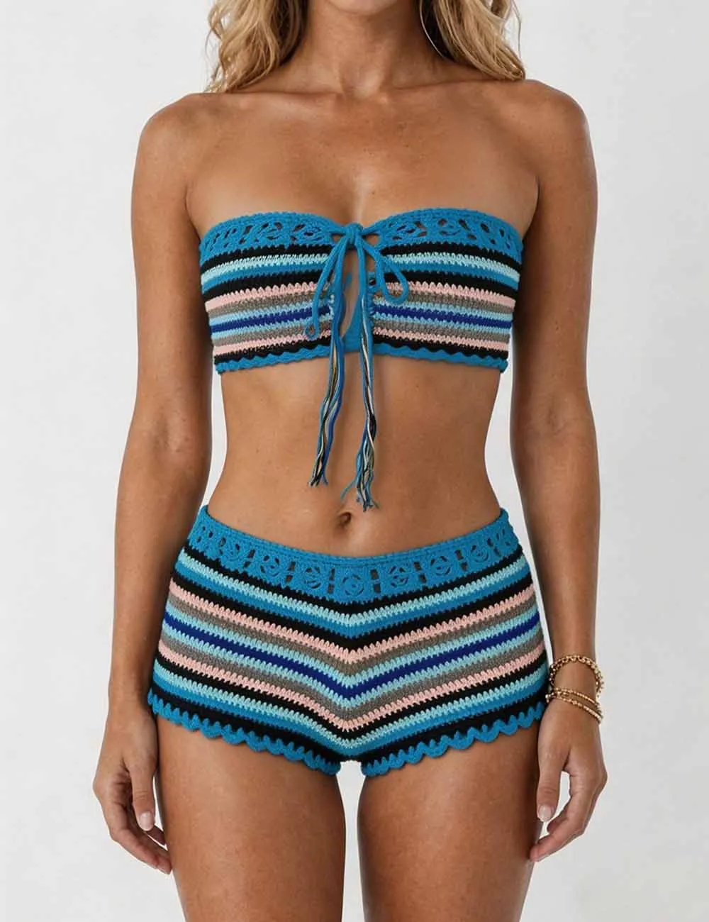 Rainbow Crochet Bandeau Bikini Set with Cover Up Shorts
