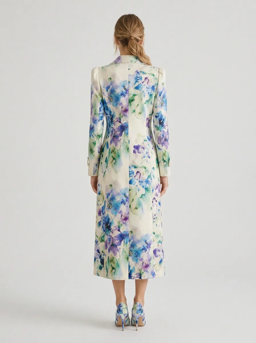 Women's Floral Watercolor Print Double Breasted Trench Coat