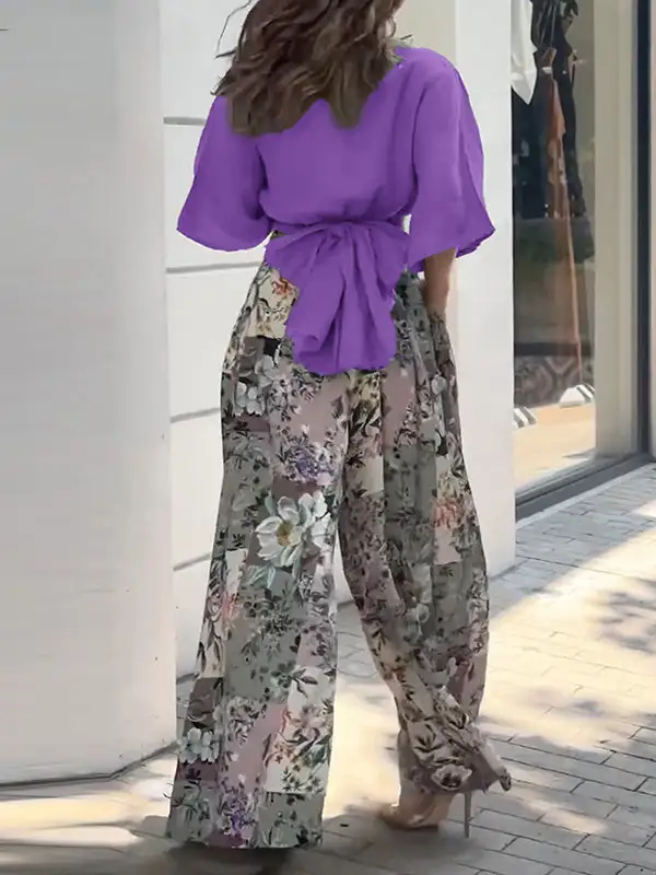 Wide Leg Floral Print Blouse And Pants Set