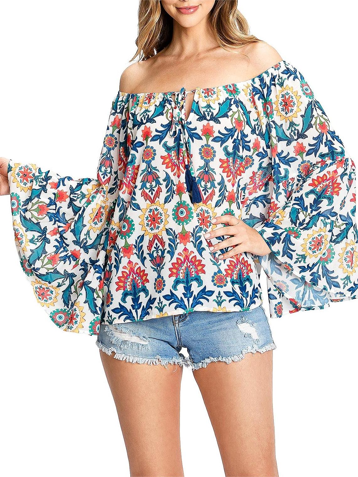Multicolor Floral Off - Shoulder Bell - Sleeve Blouse