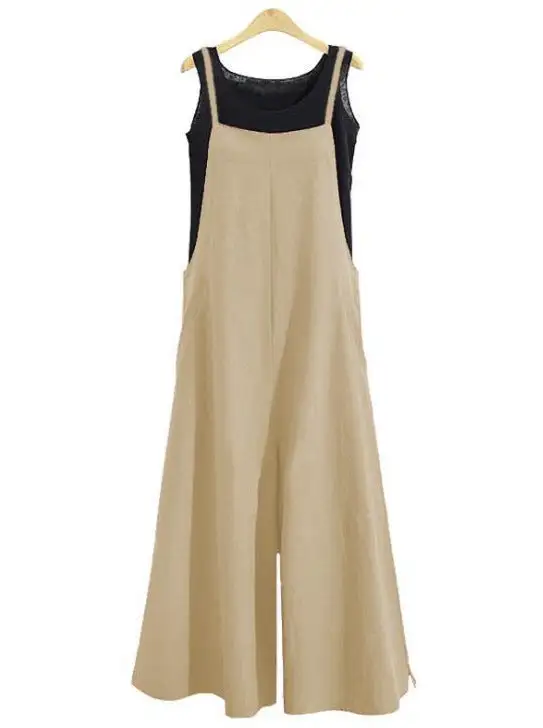 Women Casual Pure Color Loose Linen Tank Jumpsuit