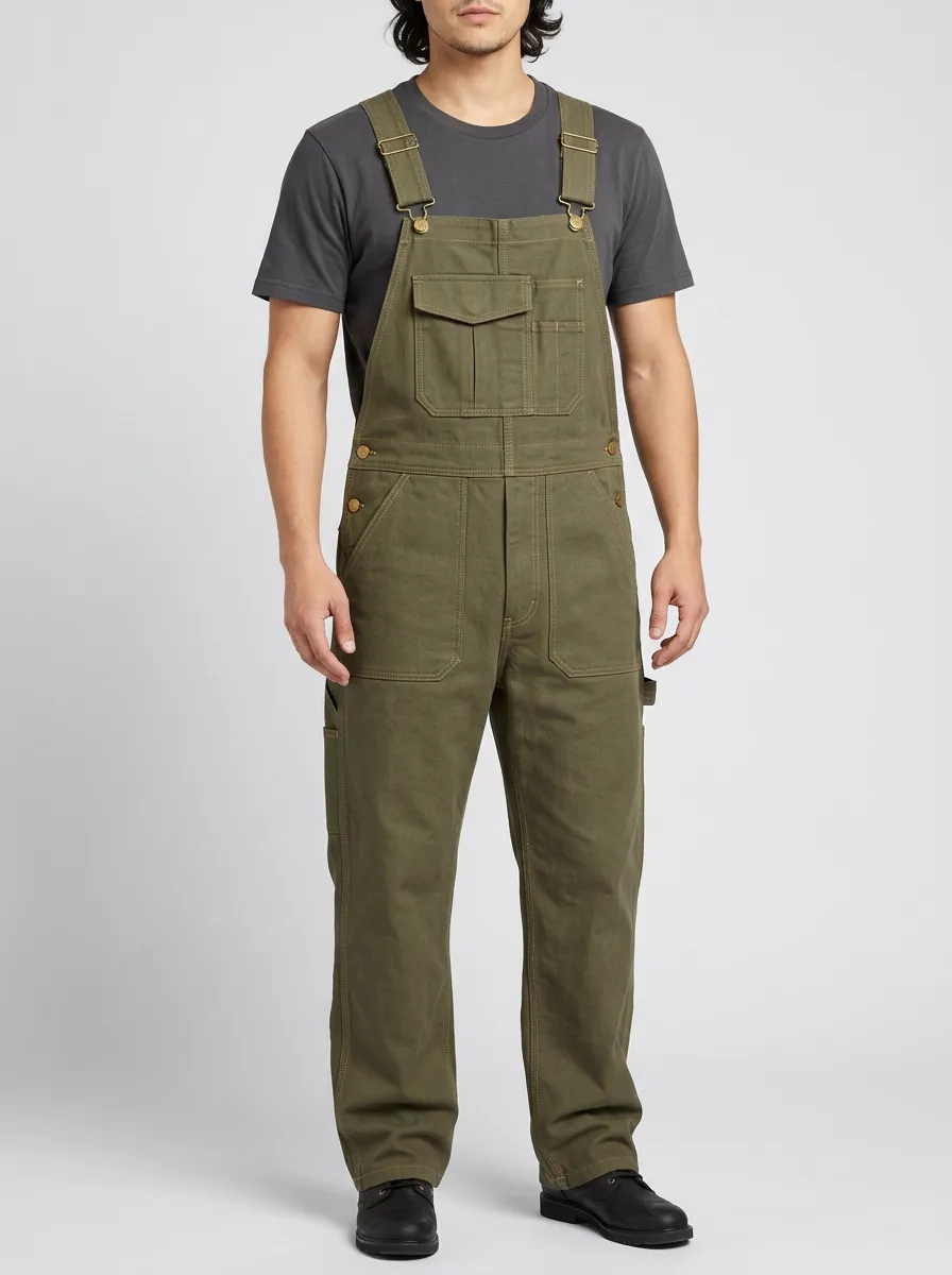 Men's Olive Green Utility Canvas Bib Overalls