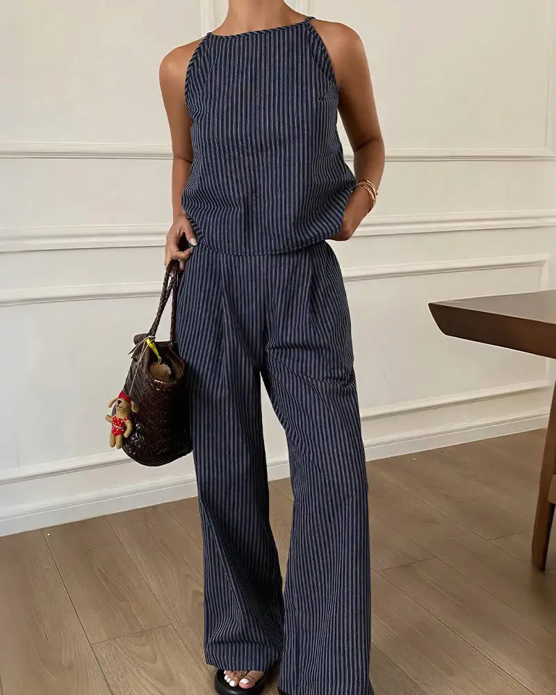 Minimalist Striped Drawstring Halter Top and Wide Leg Pants Set