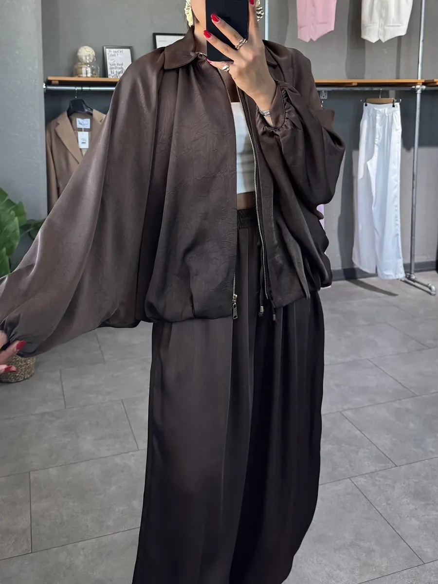 Women's solid color cross-section design casual zipper cardigan & pants set