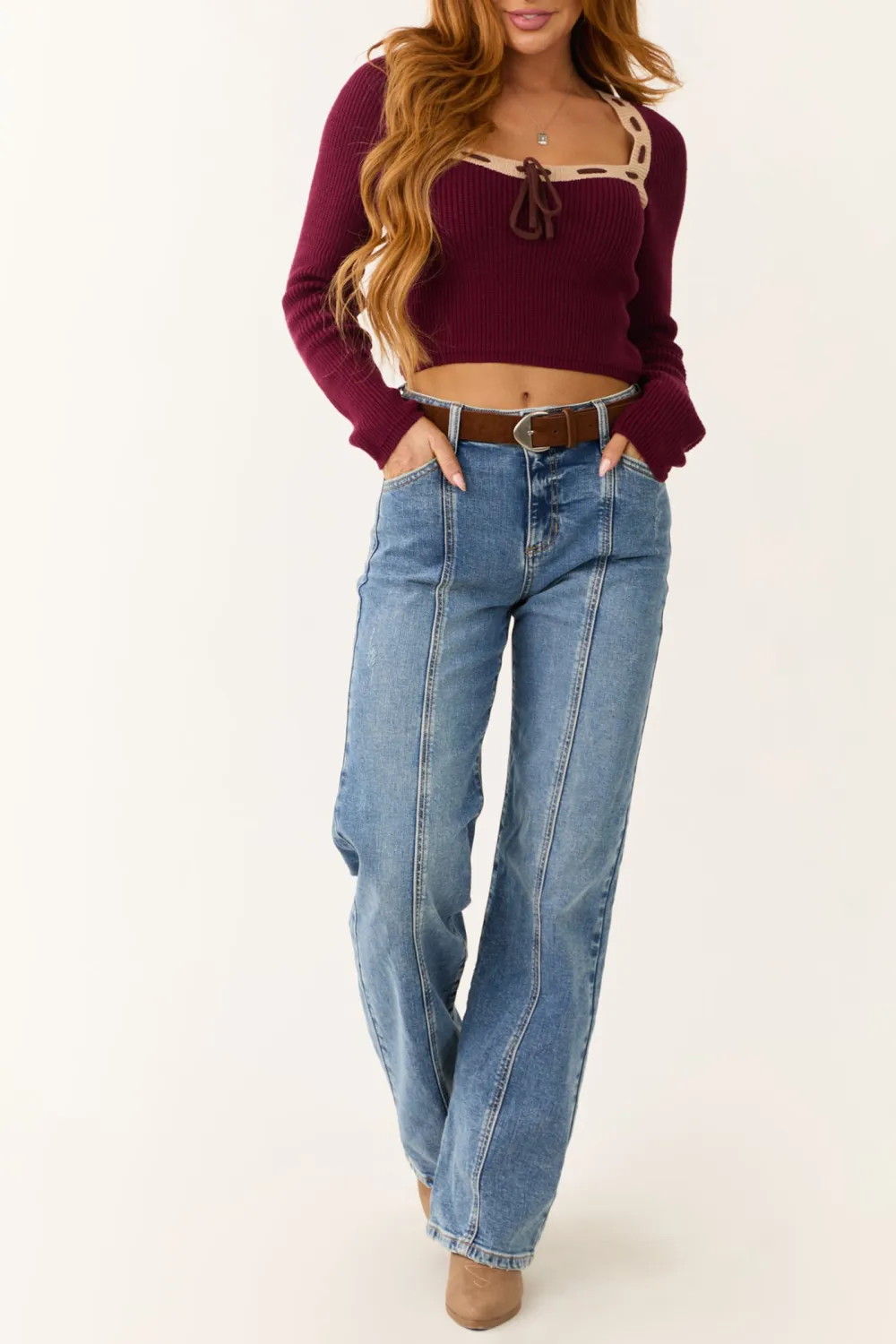 Wine Contrast Square Neck Cropped Sweater