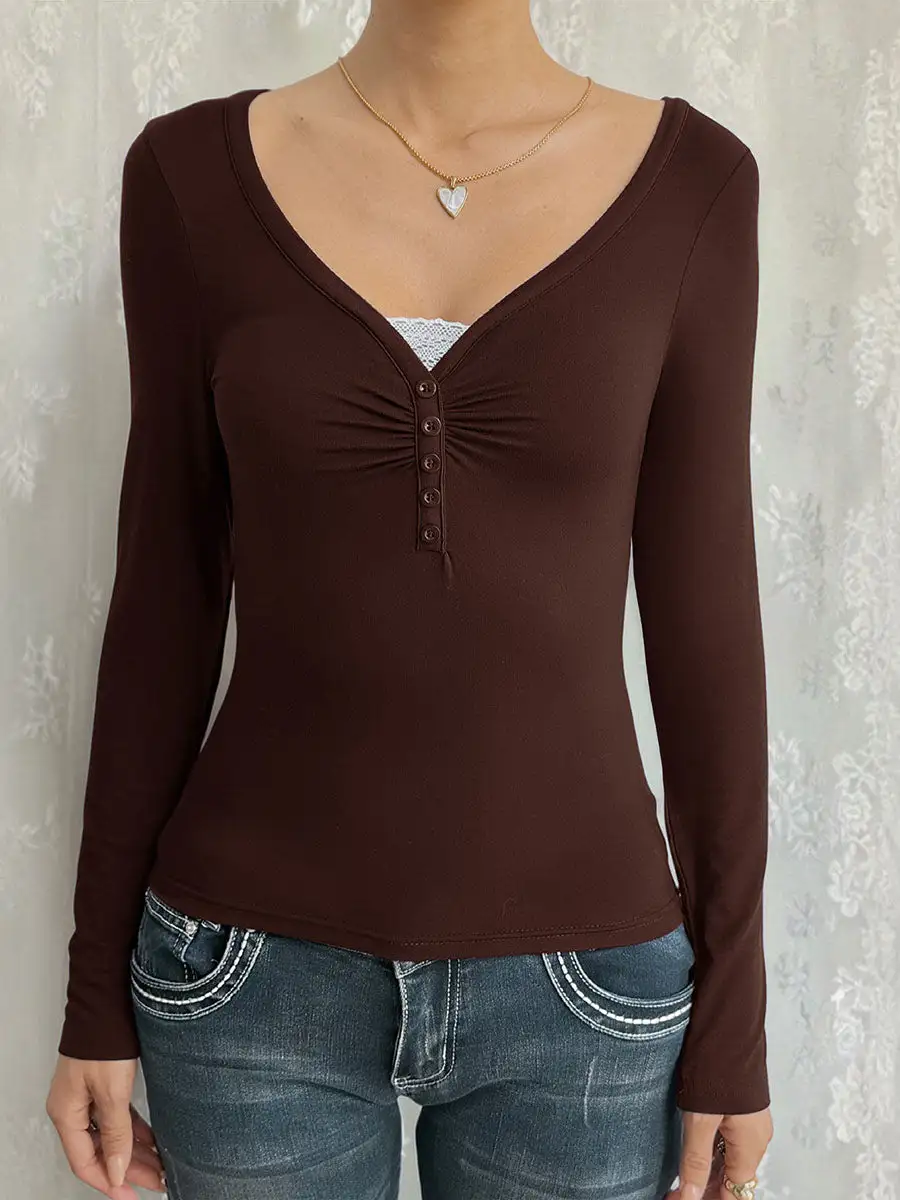 Layered Look Long Sleeve Button Detail Pleat Detail Panel Detail V-Neck T-Shirt