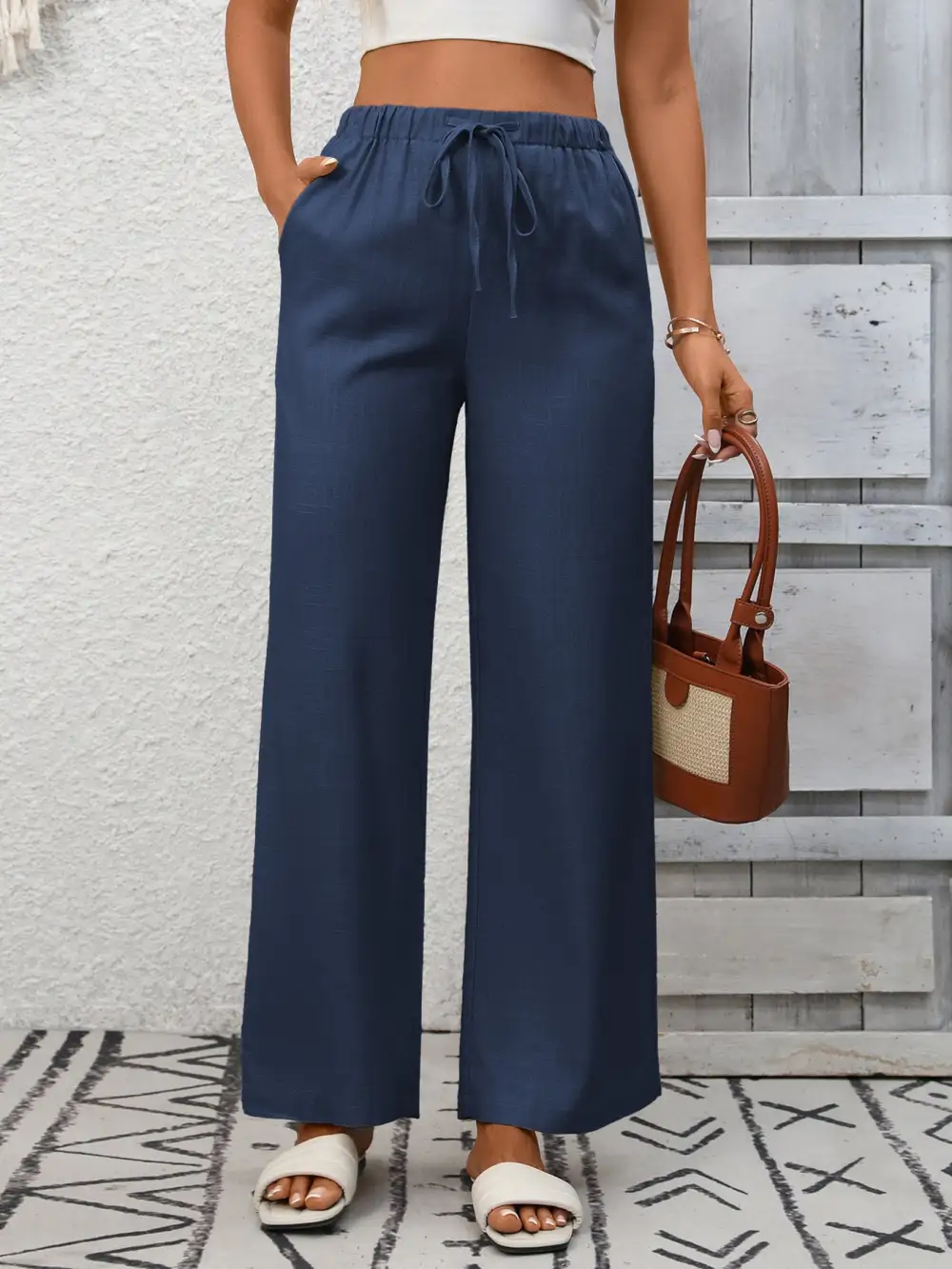 Wide Leg High Waist Drawstring Pocketed Pants