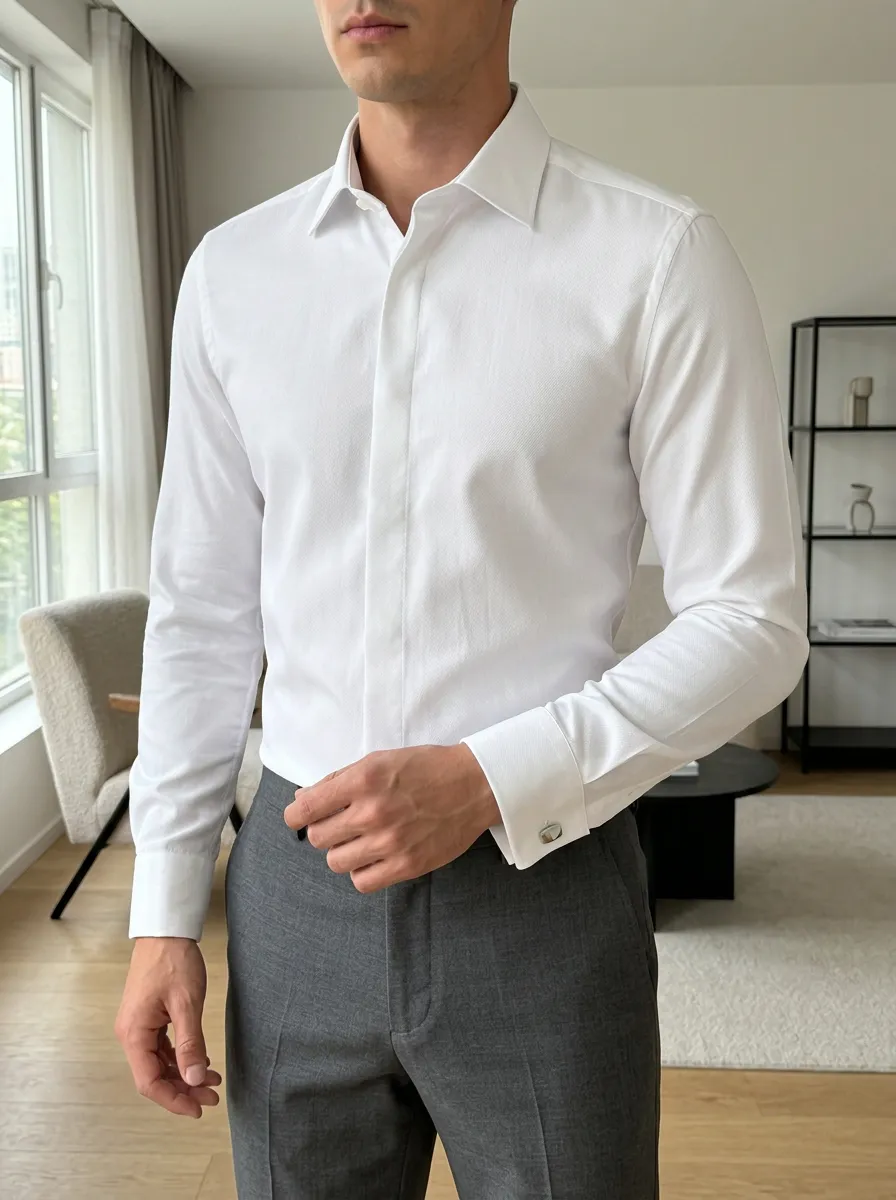 Men's Business Formal White Solid Slim Fit Dress Shirt