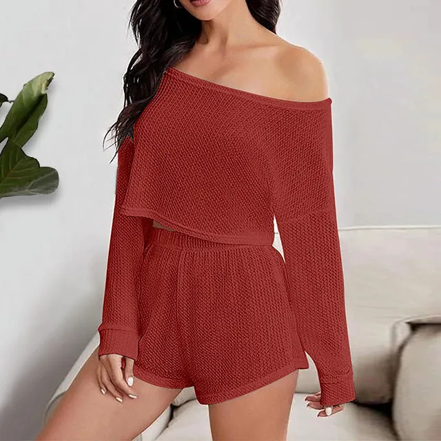 Off the Shoulder Long Sleeve Crop Top and Shorts Pajama Set