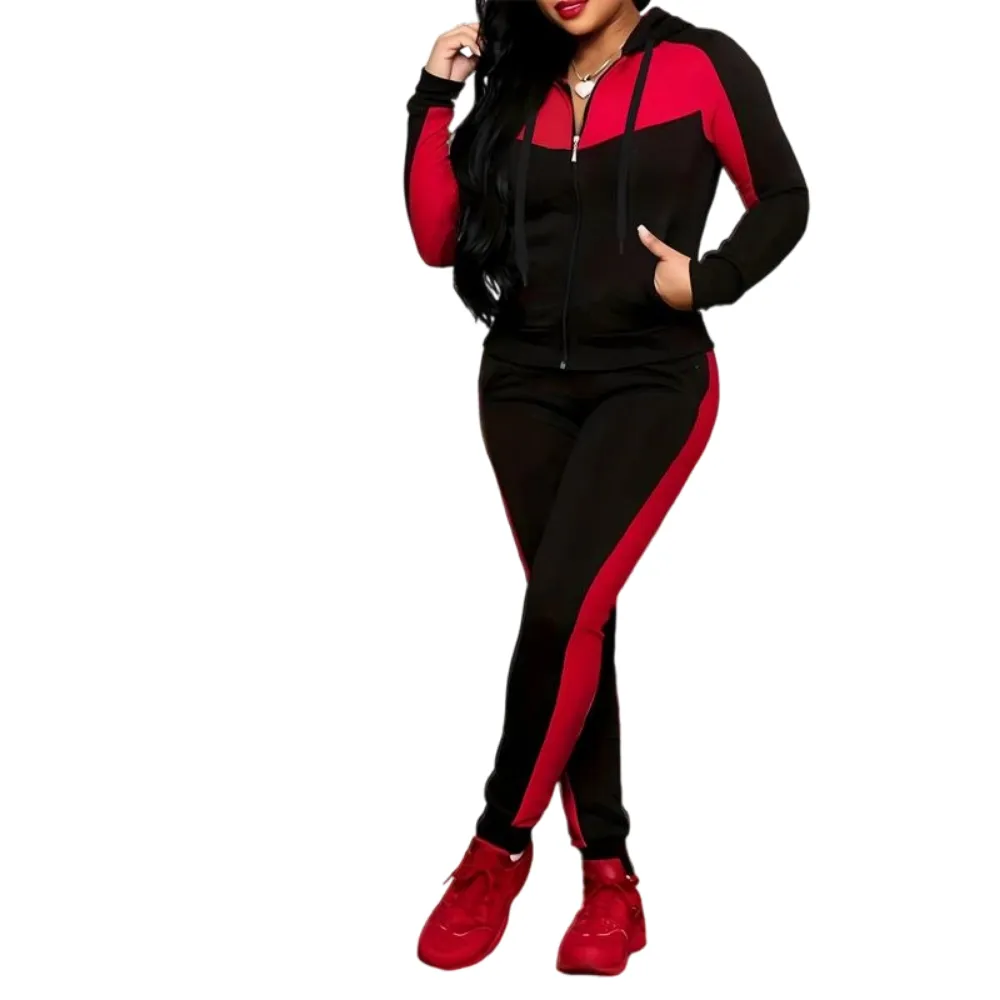 Two-Piece Set Women's Colorblock Zip Up Hoodie & Pocket Pants