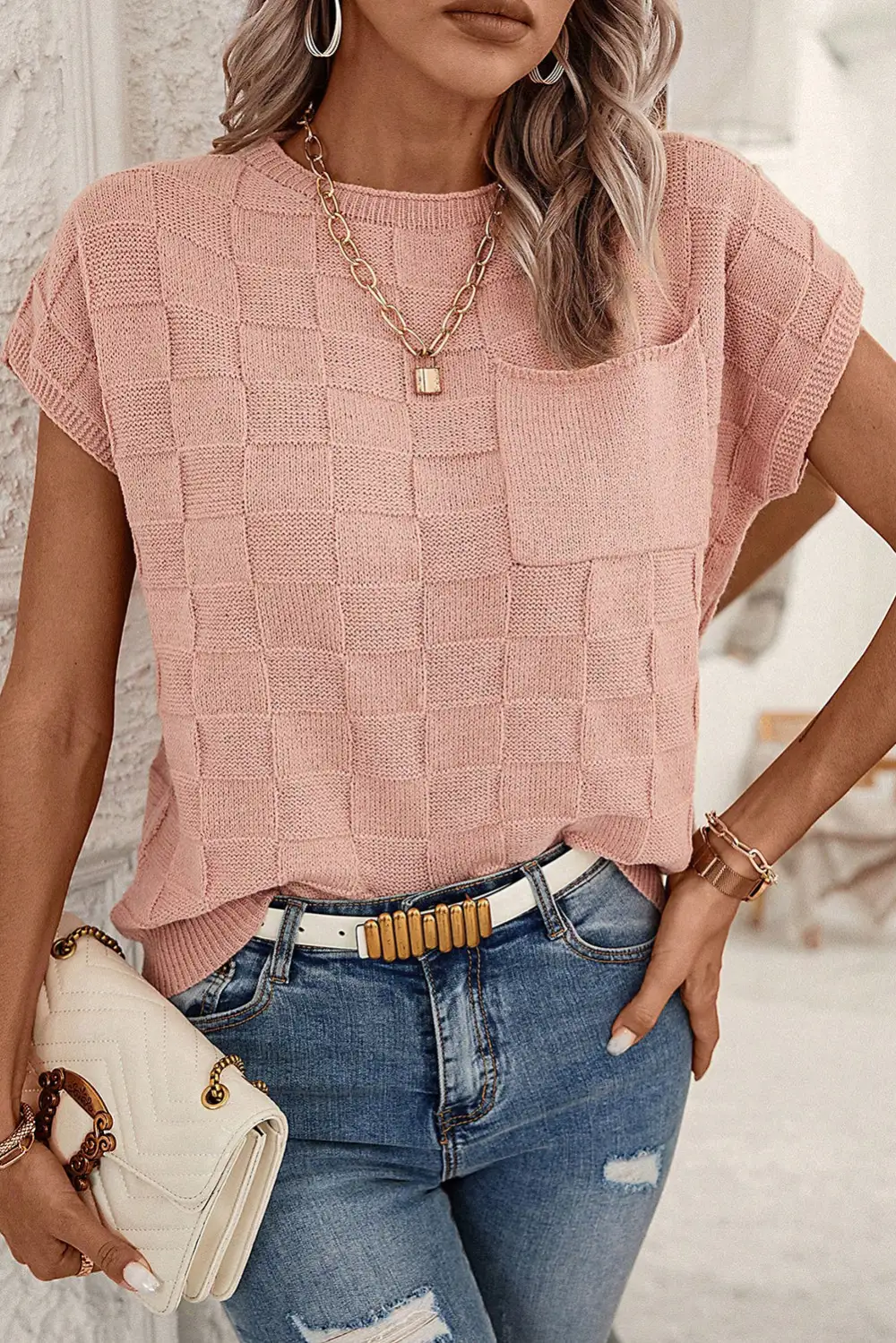 Lattice Textured Knit Short Sleeve Round Neck Sweater