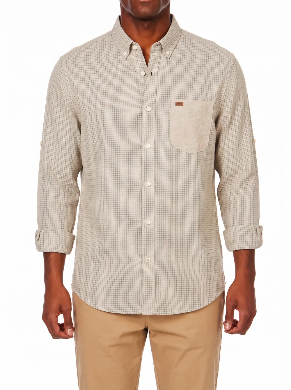 Men's Casual Beige Micro-Check Pattern Button-Down Shirt