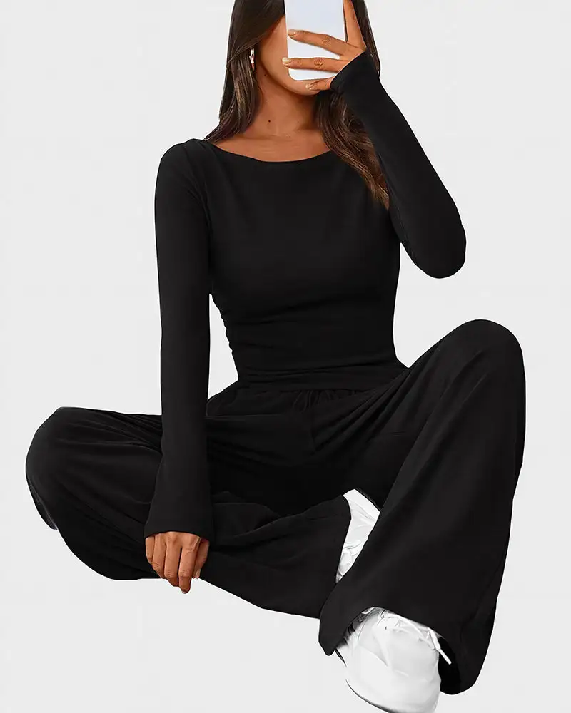 Asymmetrical Long Sleeve Top and Wide Leg Pants Lounge Set