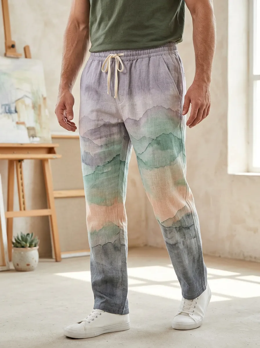 Men's Nature Lover Watercolor Mountain Landscape Printed Pants