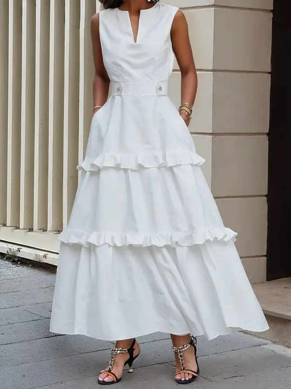 High Pleated Buttoned Neck Maxi Dress