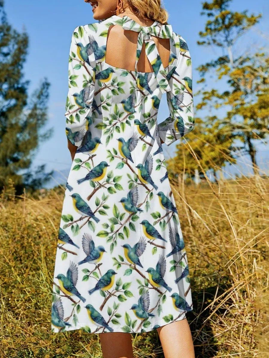 Bird Print Midi Dress