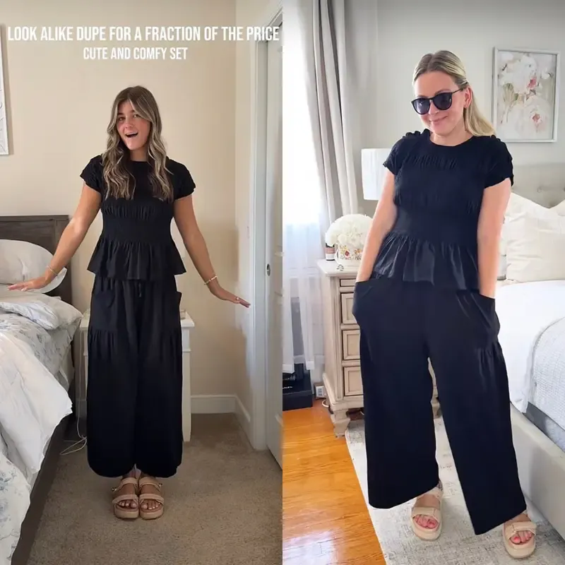 Women's Boho Chic Pleated Top & Wide-Leg Set