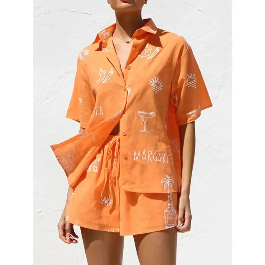 Printed Button Down Short Sleeve Top and Shorts Set