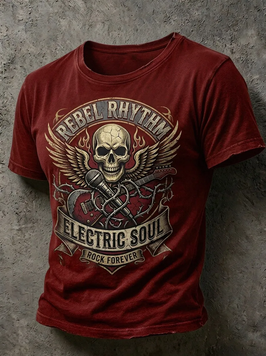 Men's Rock Music Skull Guitar Microphone Printed T-shirt
