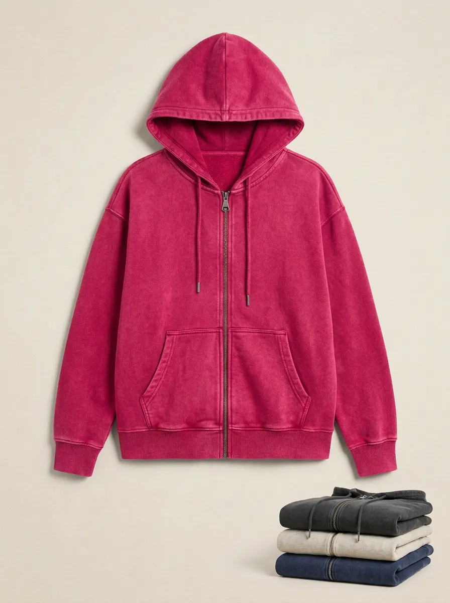 Vintage-Wash Unisex Zip-Up Hooded Jacket