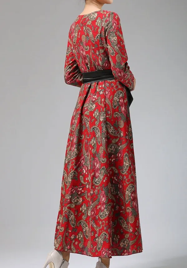 Printed Linen A Line Long Sleeve Maxi Dress