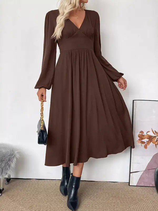 V Neck Long Sleeve Midi Dress