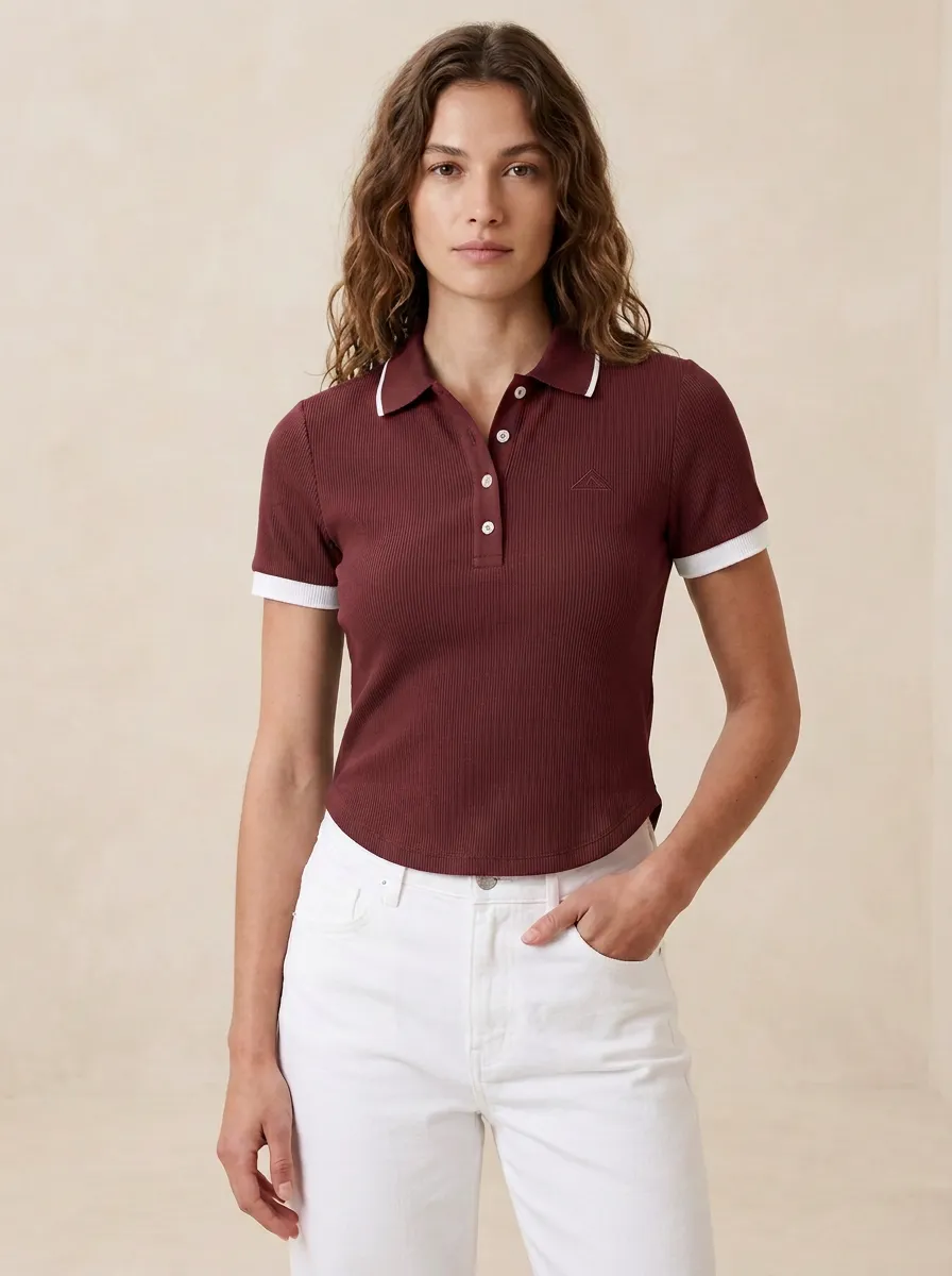 Women's Ribbed Embroidered-Detail Mountain-Detail Polo Shirt