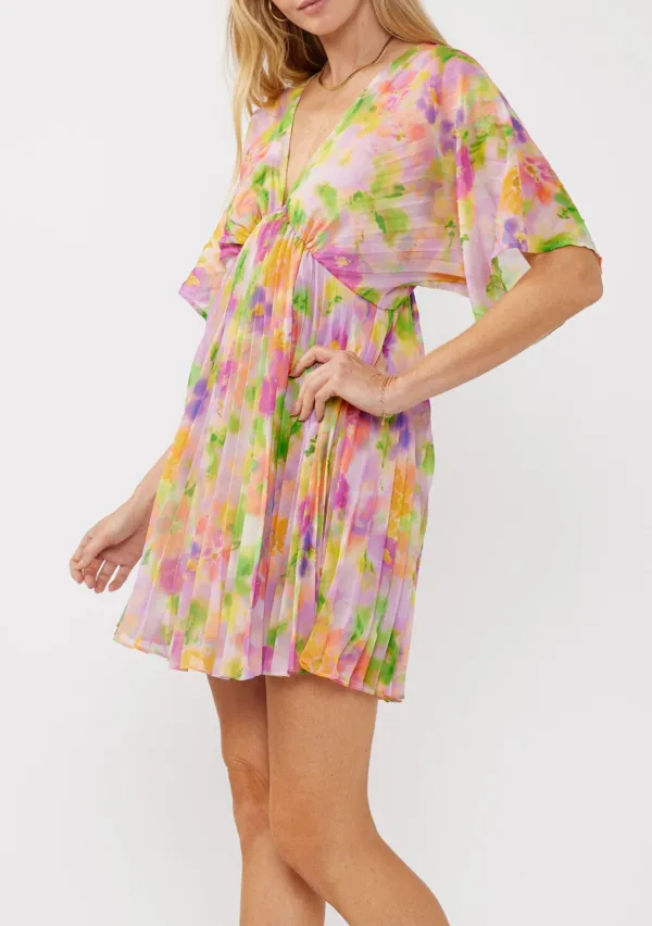 Pleated Floral V-Neck Dress