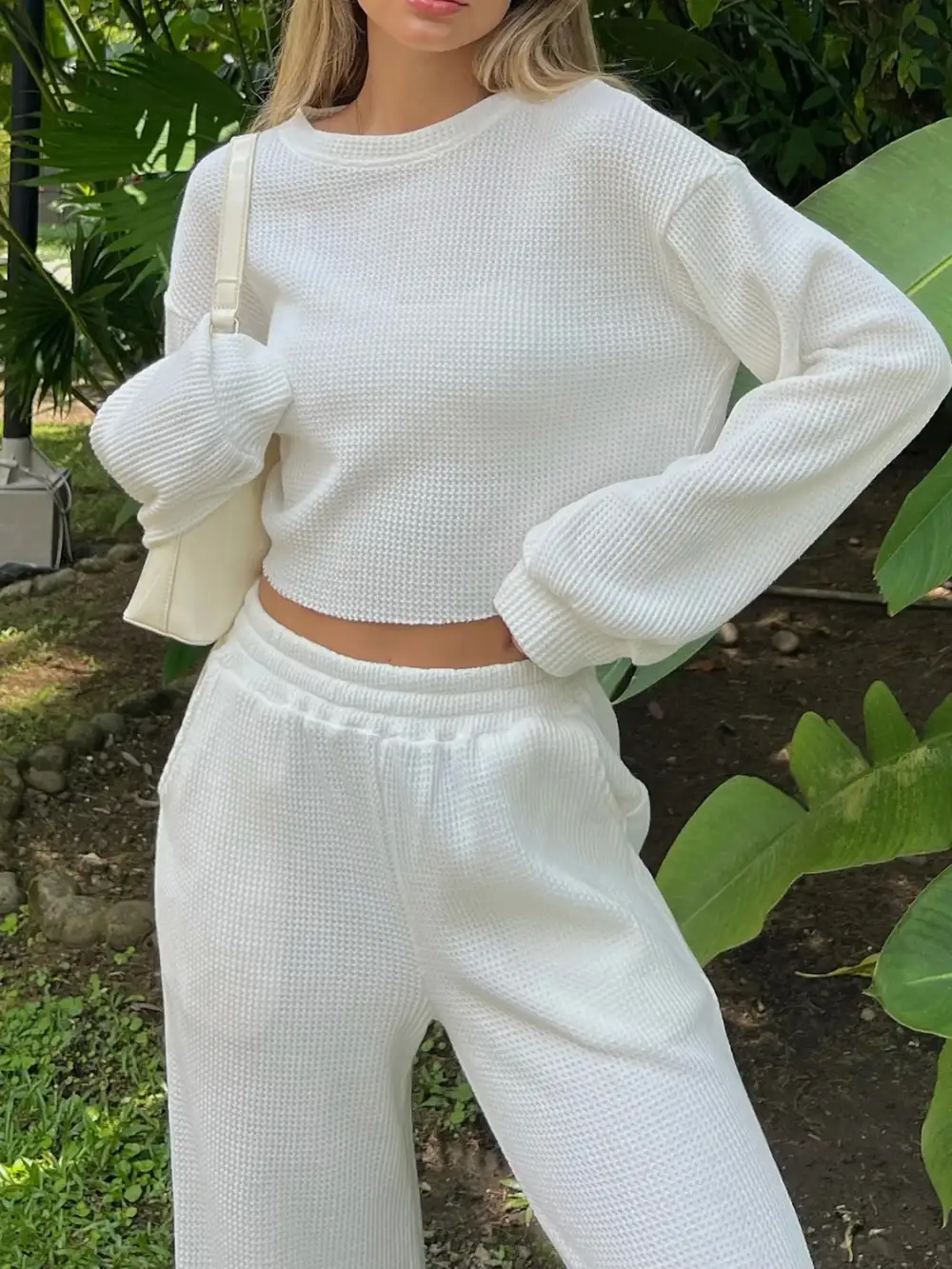Waffle Knit Round Neck Top And Pants Set