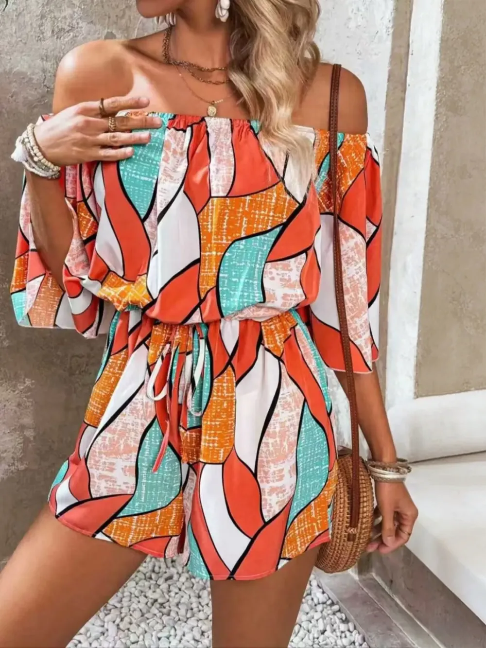 Women's Leaf Print Off-Shoulder Tie Jumpsuit