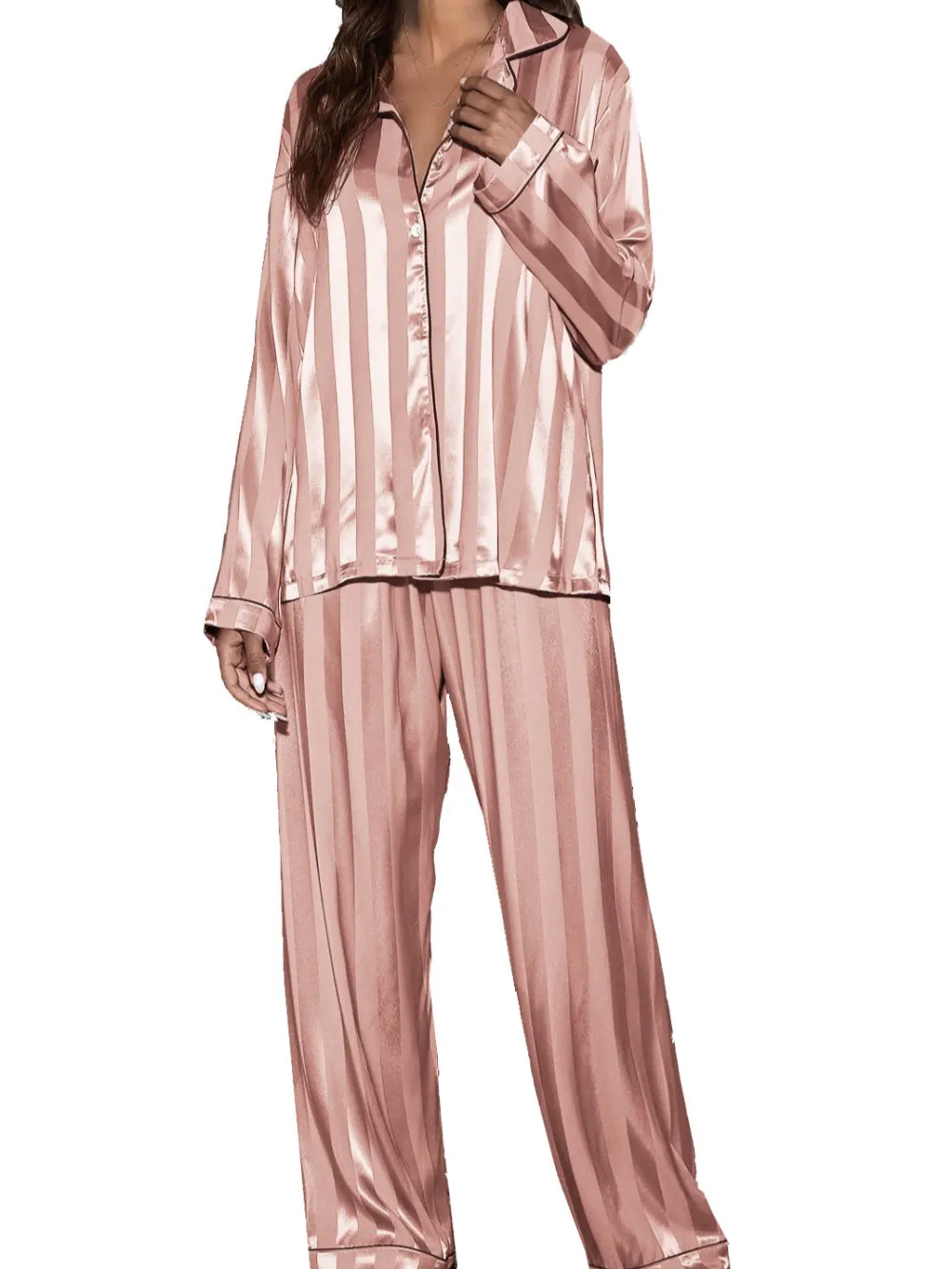 Silky Vertical Stripe Long Sleeve Pajama Set