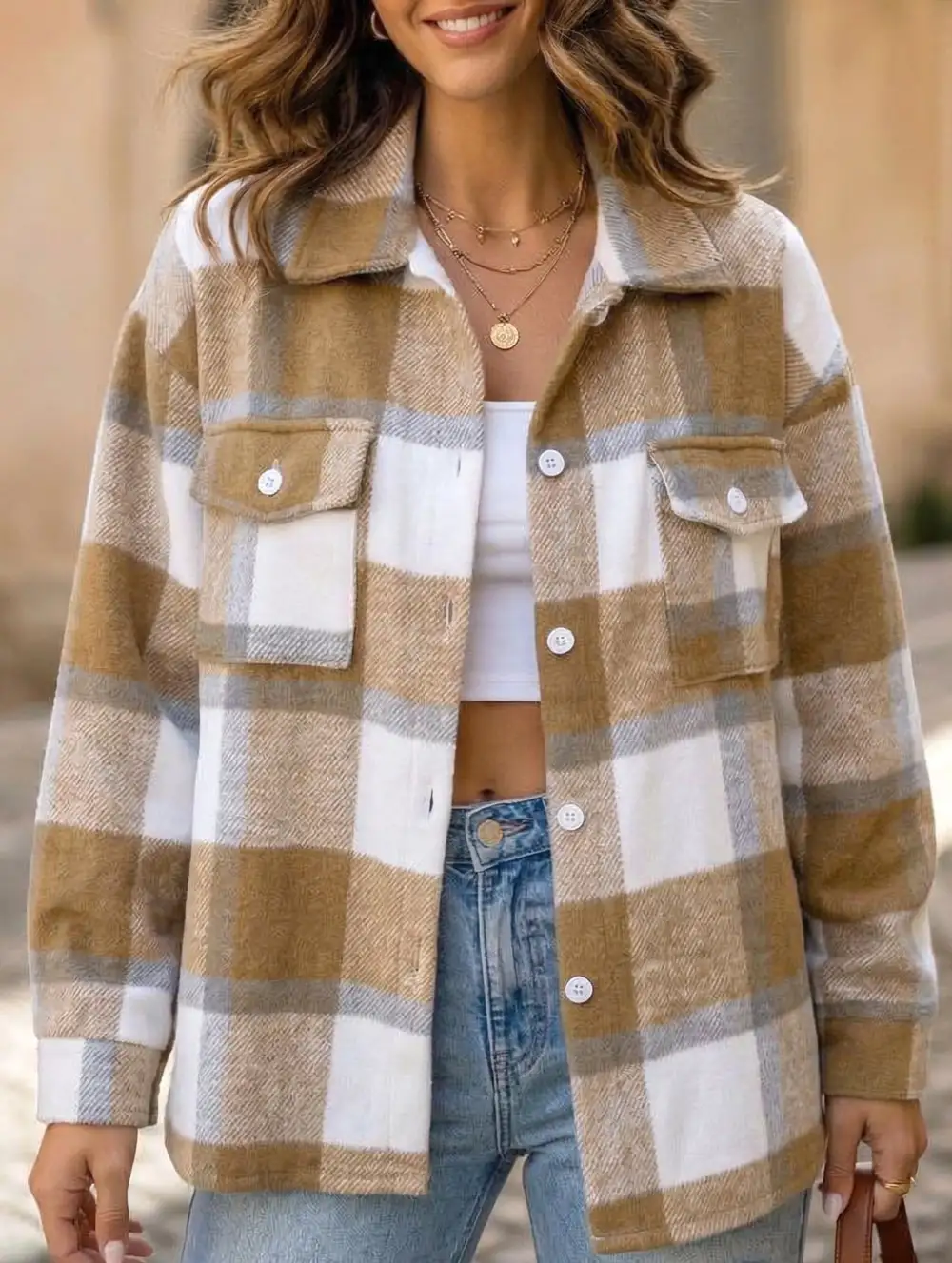 Button Detail Plaid Loose-Fitting Shirt