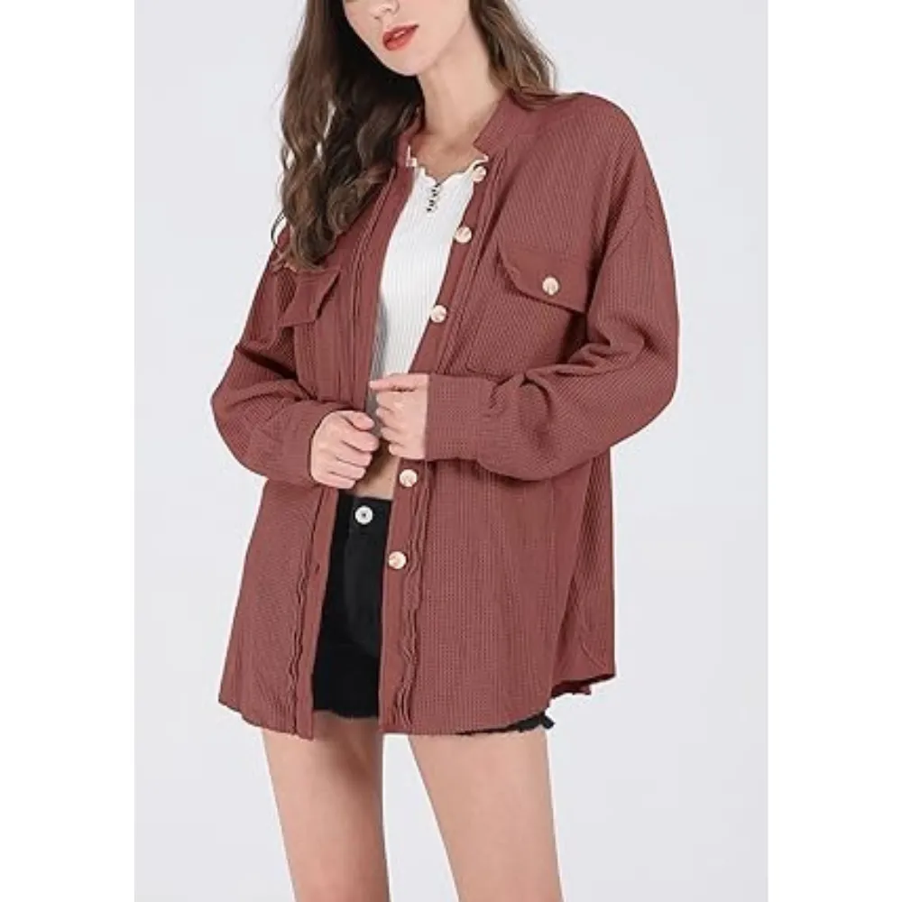 Women's Loose Fit Batwing Sleeve Waffle Knit Button Down Shirt