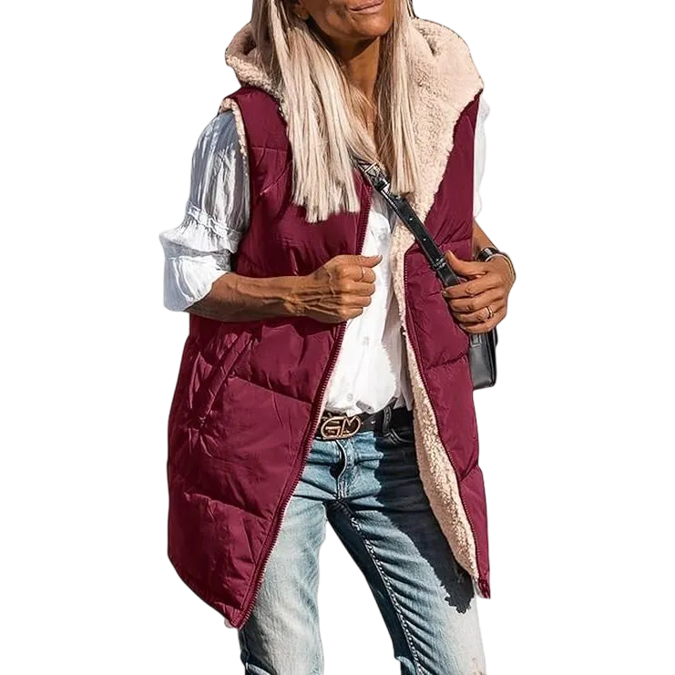 Women's military green double-faced fleece vest with pockets and a hood, long zip-up coat