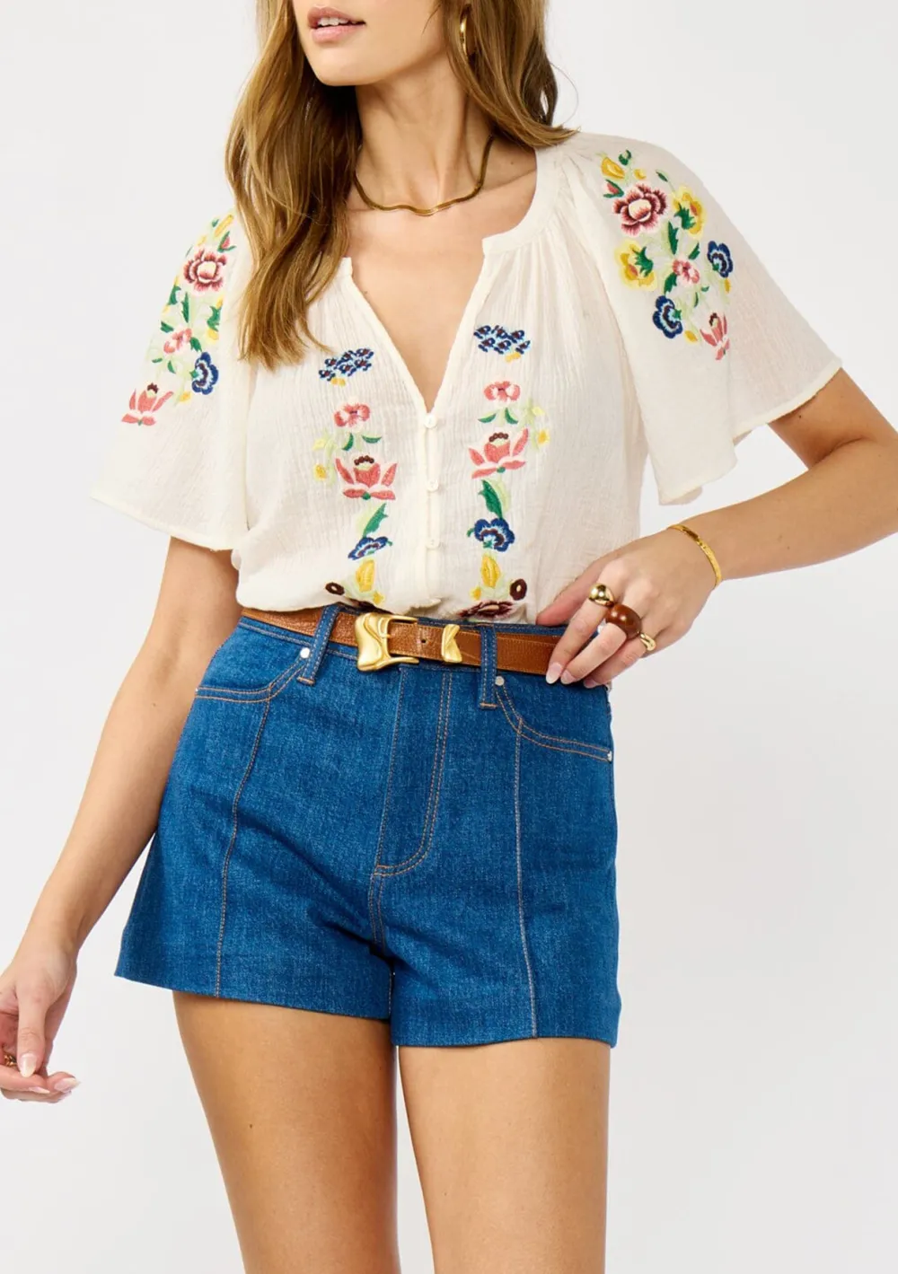 Floral Embroidered Notched Blouse