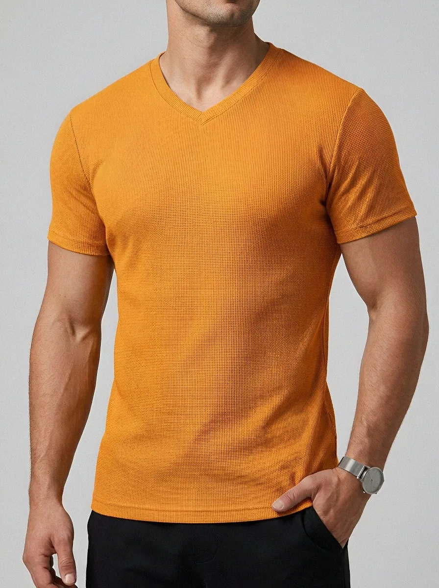 Men's Casual Minimalist Waffle Knit V-Neck T-Shirt