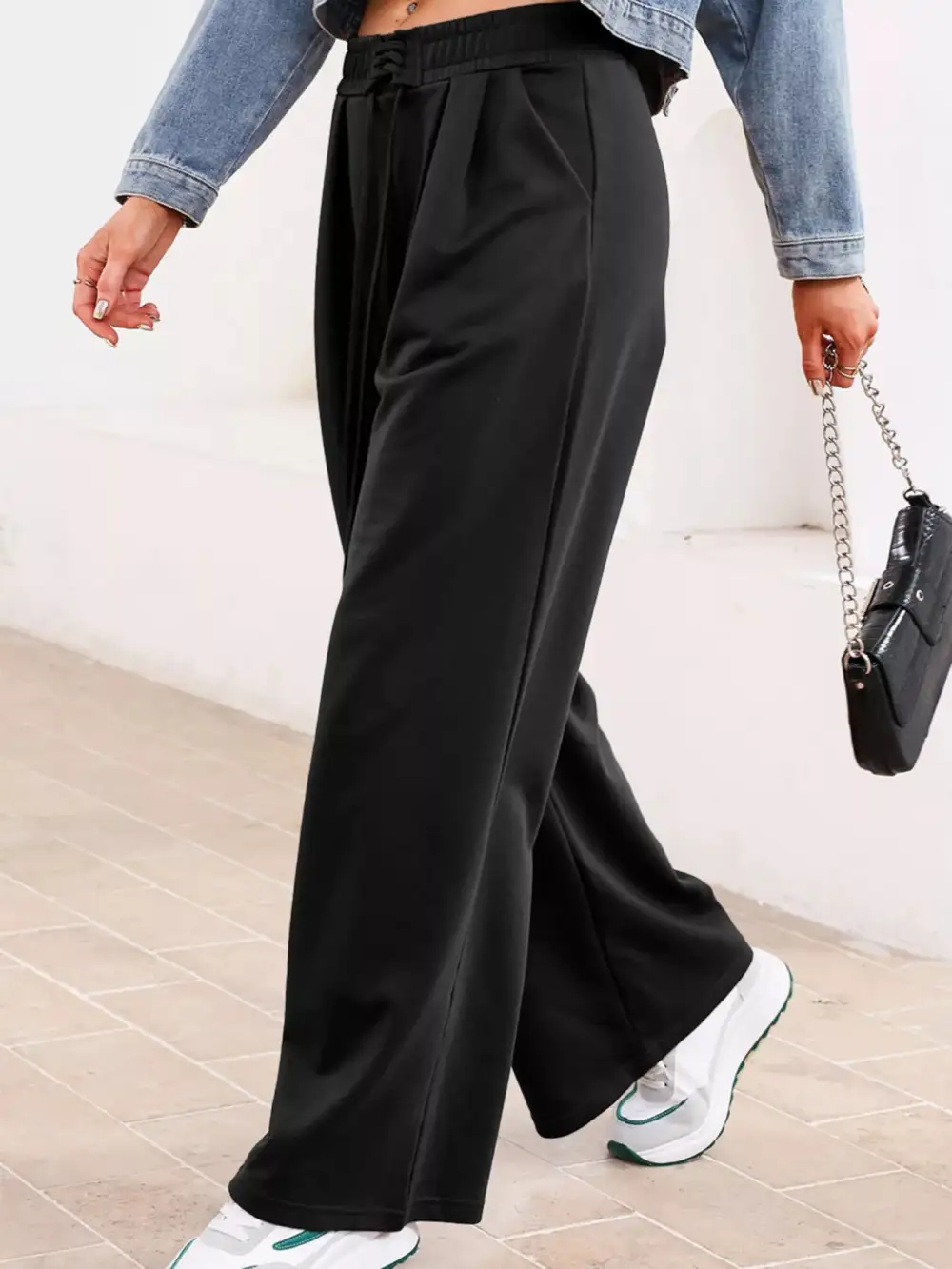 High-Waist Drawstring Pleated Pocketed Sweatpants