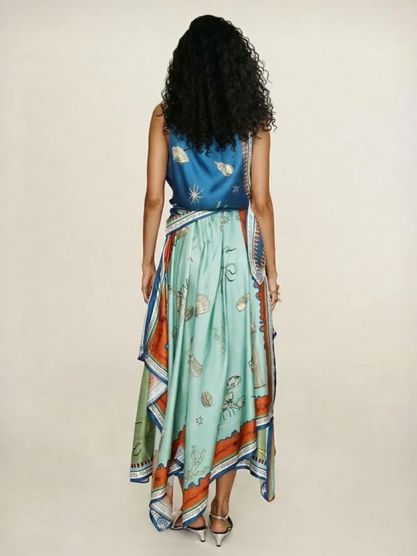 Satin Deep Sea Print Scarf Midi Dress