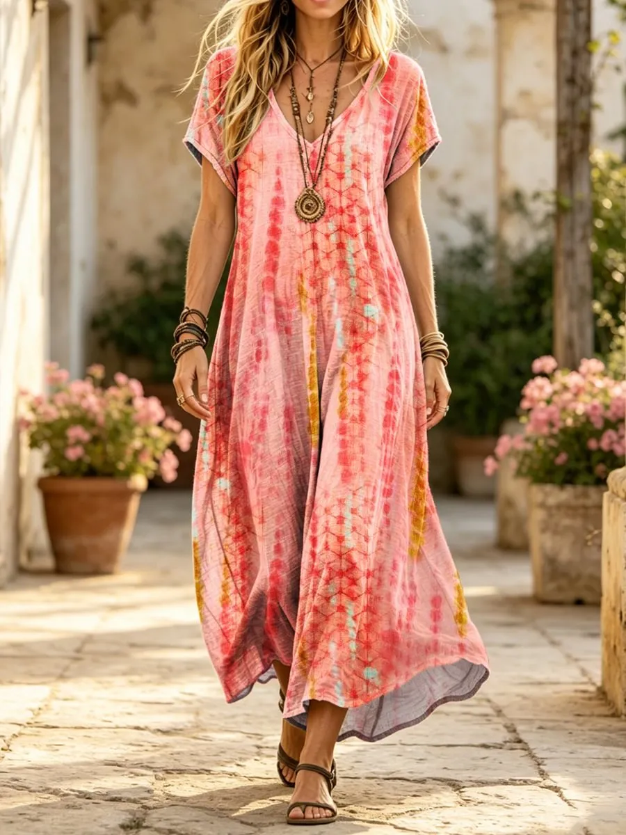 Women's Retro Ethnic Art Print Casual Short-sleeve V-neck Cotton Dress