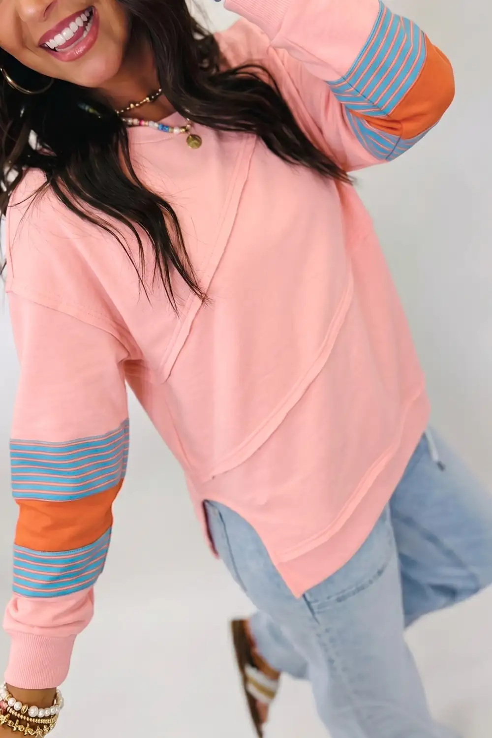 Striped Round Neck Cotton Blend Long Sleeve Top