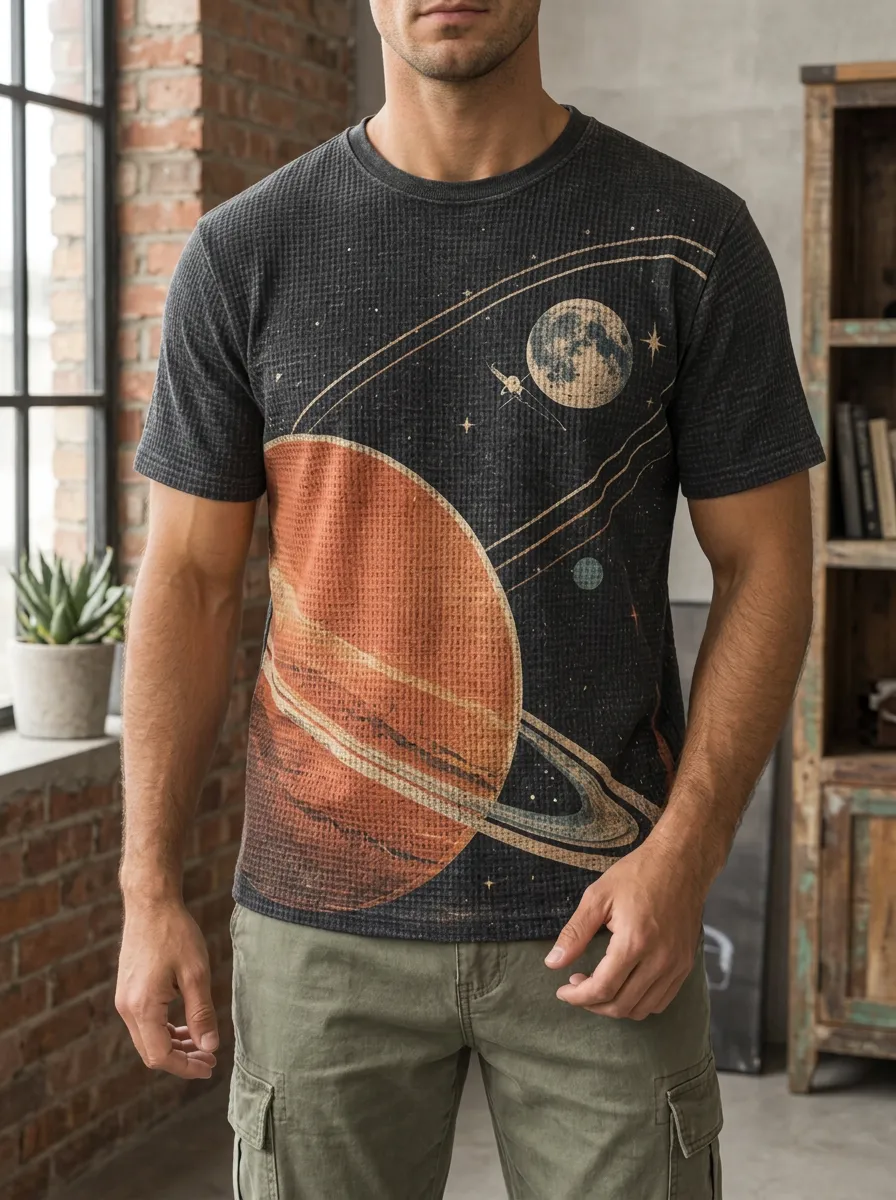 Men's Space Astronomy Saturn Moon Waffle Crew Neck T-Shirt