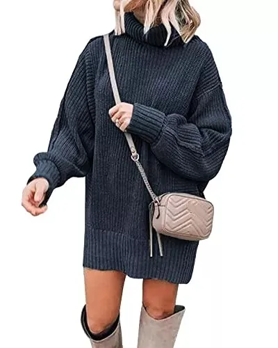 Women Fashion Sweater Short Dress Long Sleeve Turtleneck Oversized Fall Winter Soft Chunky Knit Pullover Sweaters