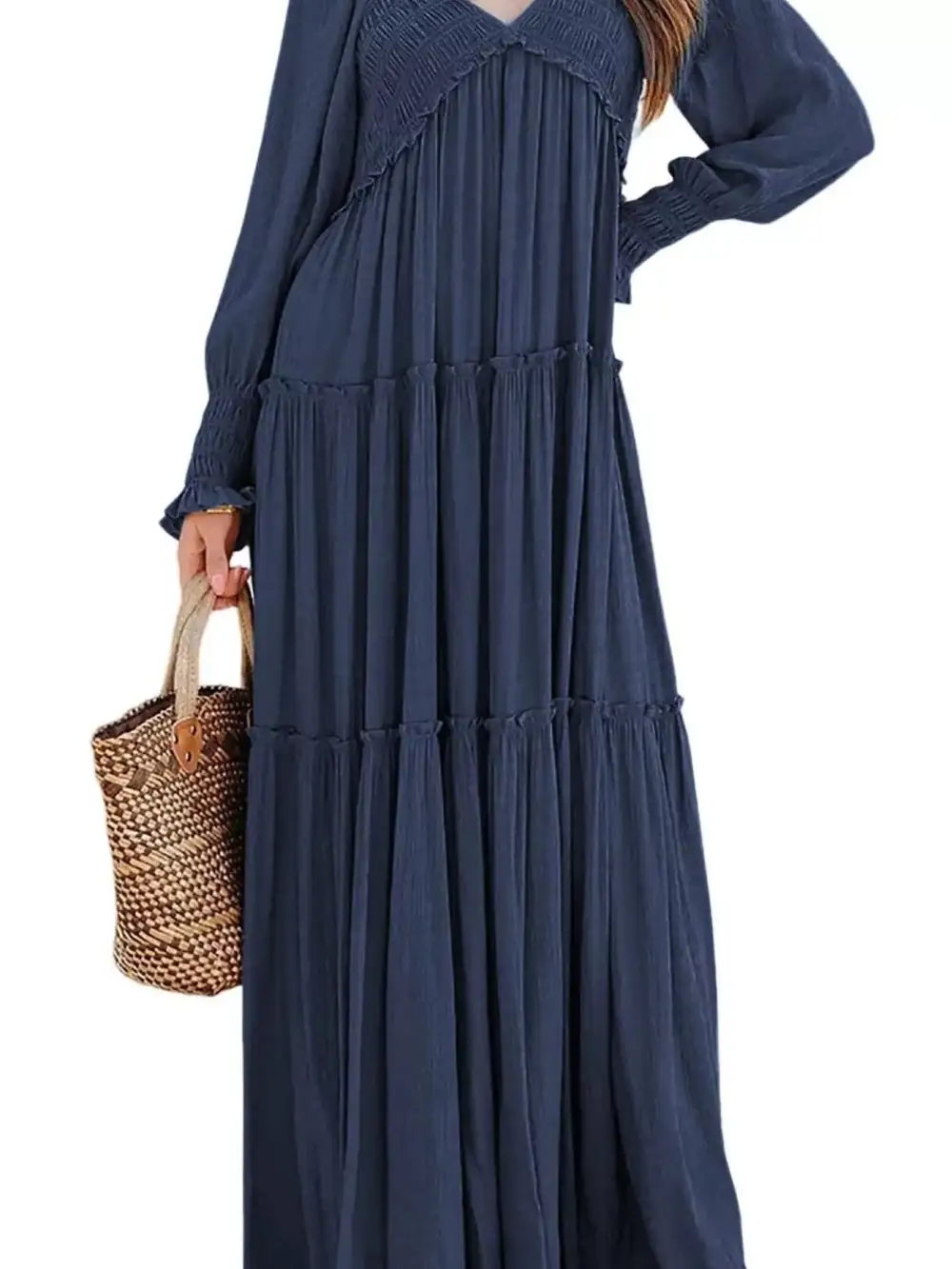 V Neck Tiered Long Sleeve Maxi Dress