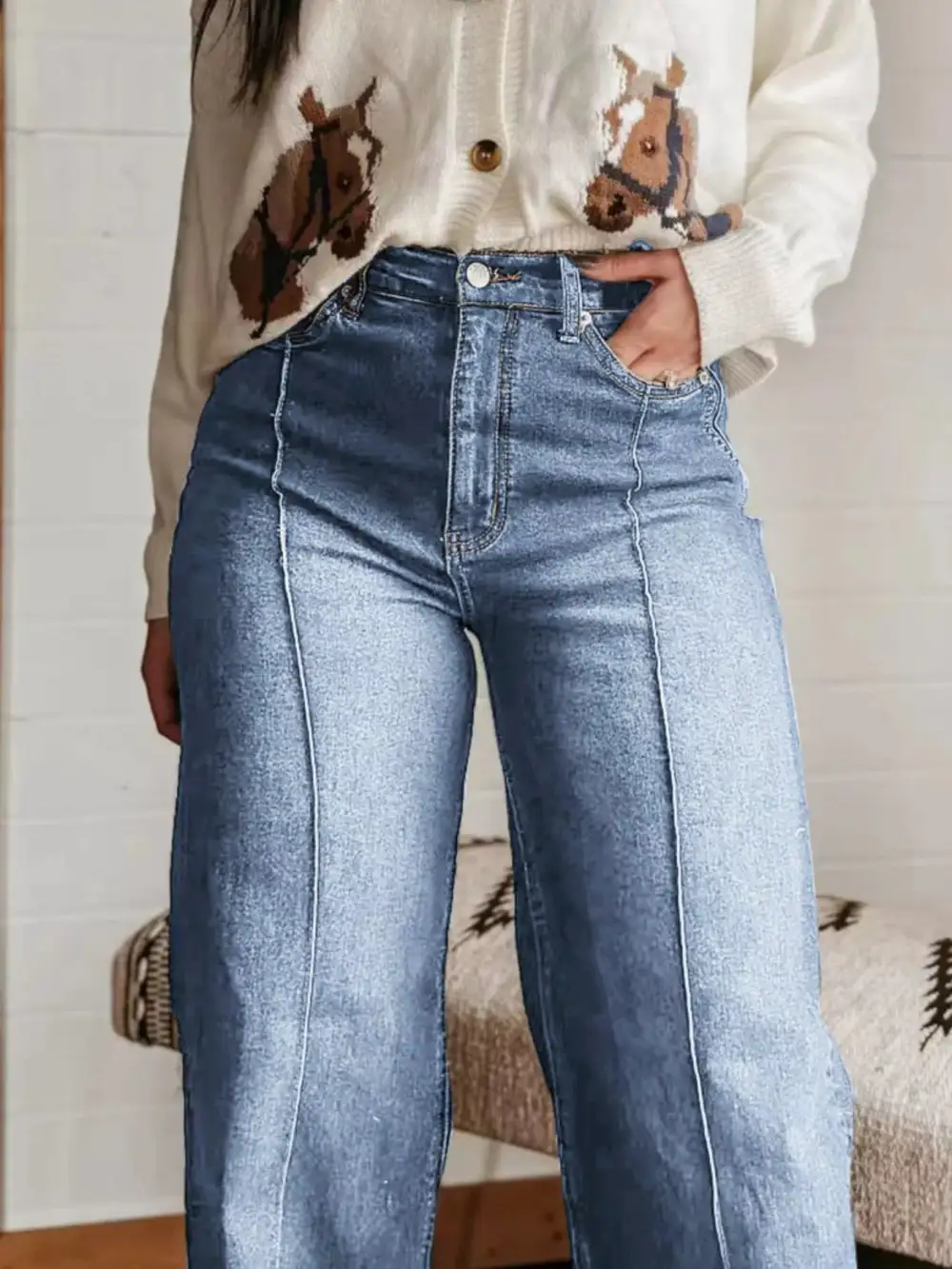 Pocketed High Waist Wide Leg Denim Jeans