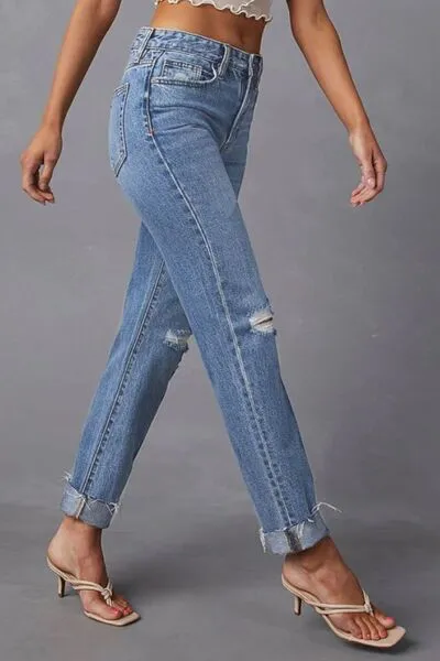 Balanced Straight Leg Raw Hem Distressed Denim Jeans